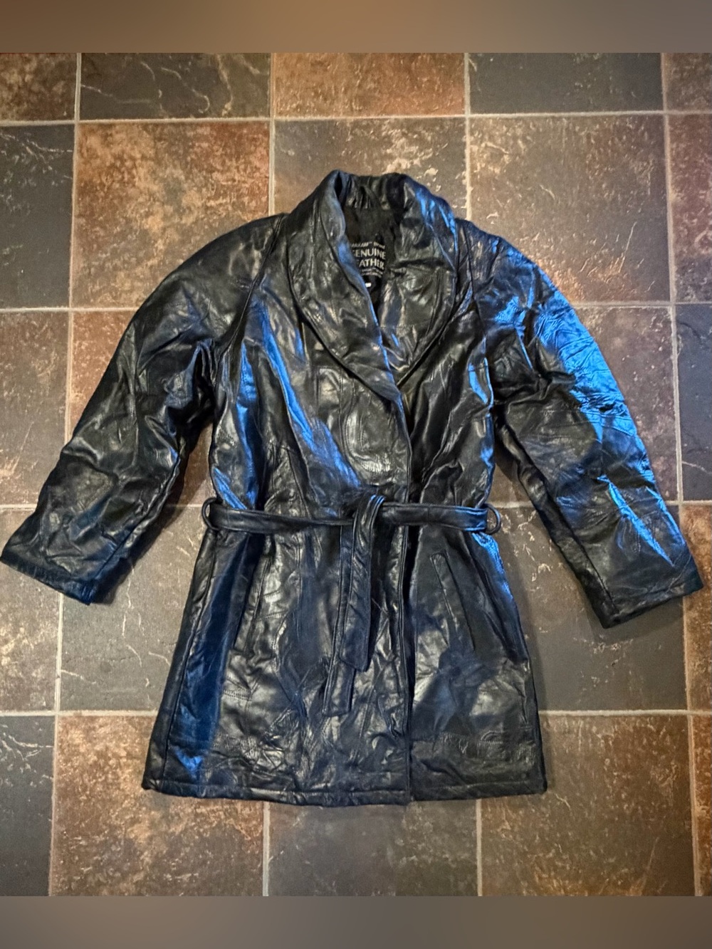 MAXAM Brand Black Italian Mosaic Leather Trench Coat Belted Size Large